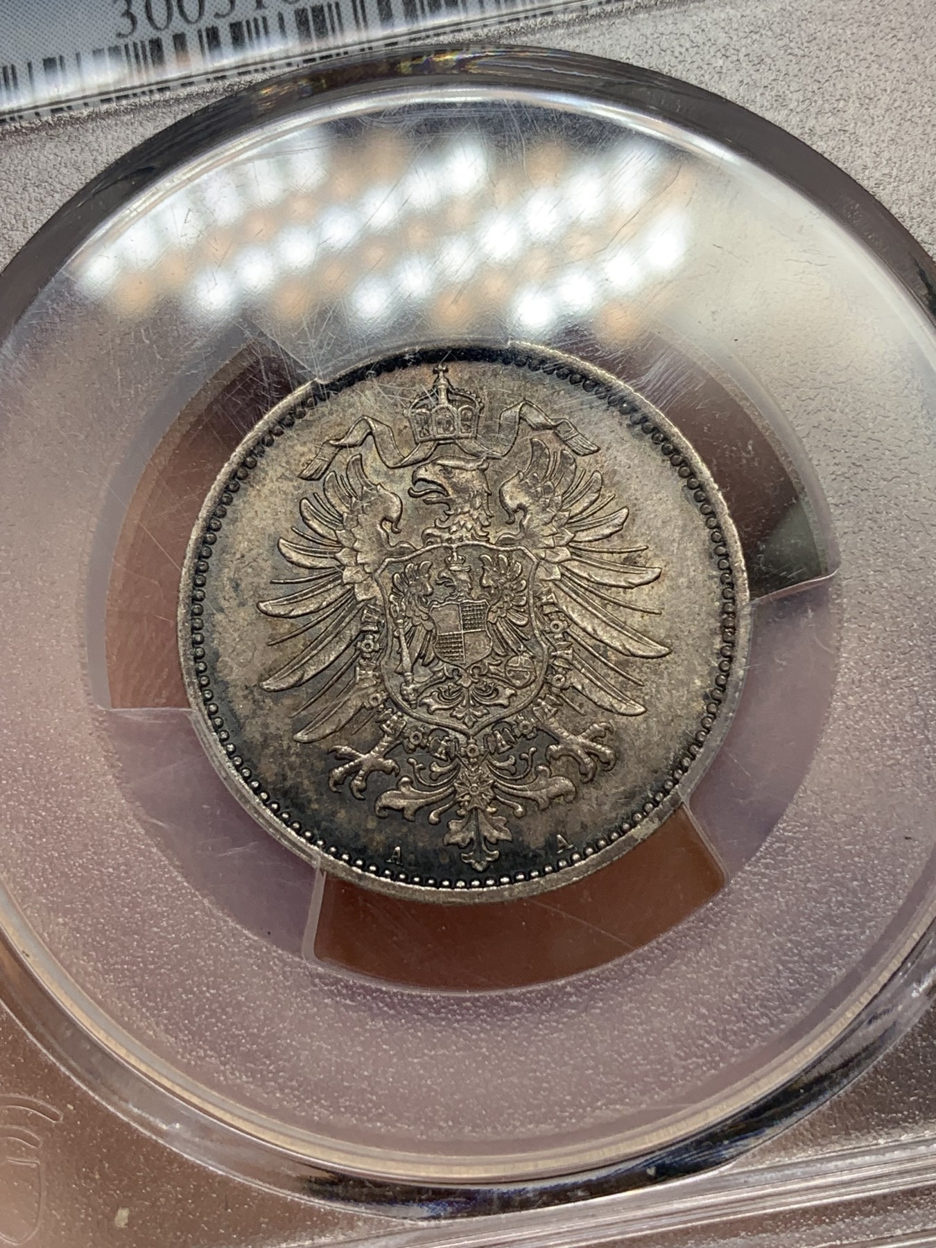 《竞宝斋》第195场-周日，周一 2场 (全场包邮) PCGS-MS63 德国1881年短翅鹰1马克银币，早期短翅帝国马克，原味黑彩，状态极佳。