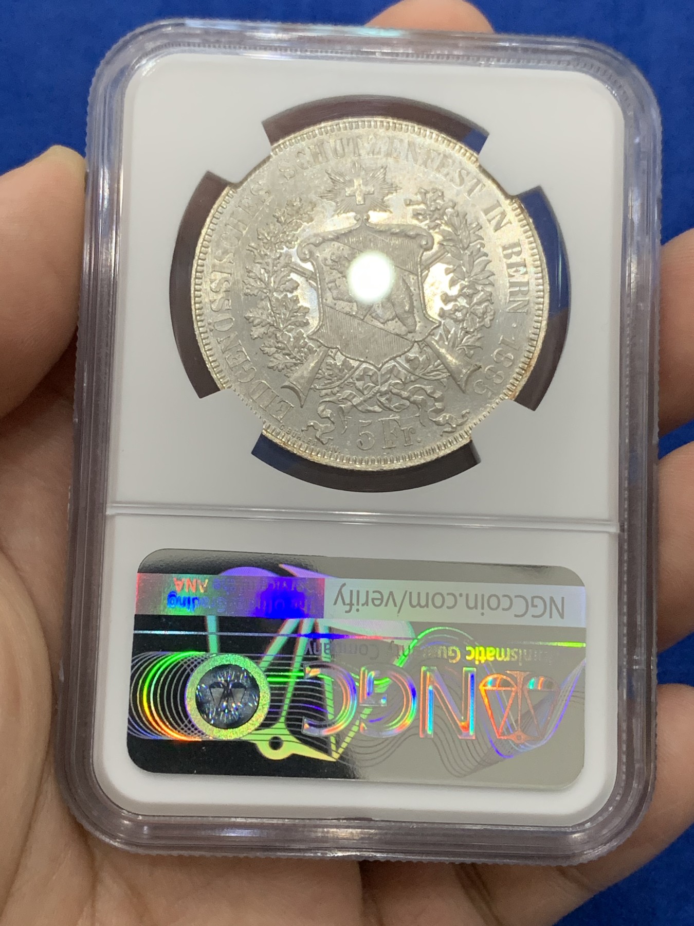 《竞宝斋》第195场-周日，周一 2场 (全场包邮) NGC-MS63PL 瑞士伯尔尼 1885年 射击节 5法郎 银币 经典美女与野兽设计 射击节PL少见 镜面感无敌