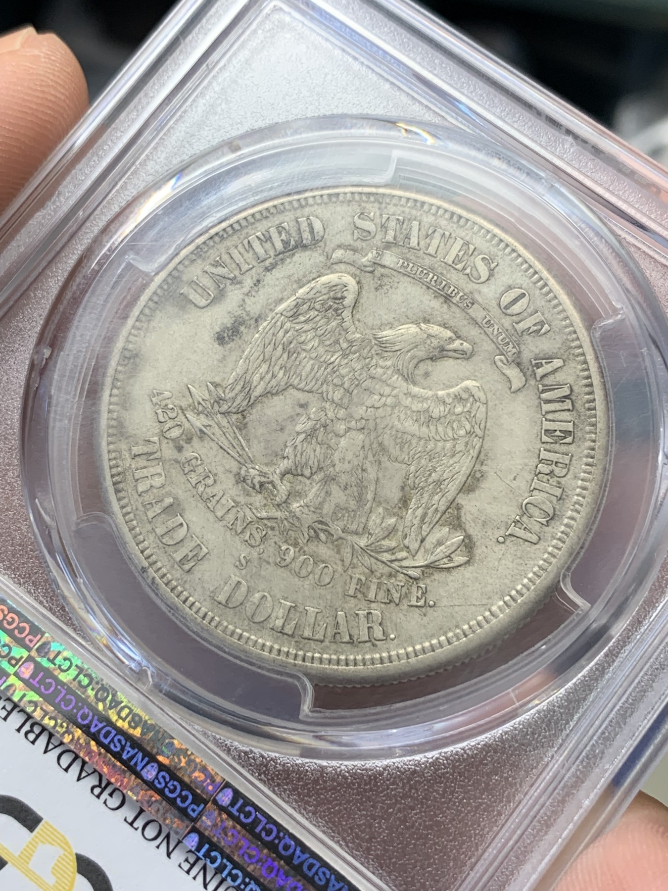 《竞宝斋》第195场-周日，周一 2场 (全场包邮) PCGS  XF  美国1875-S拿花贸易银币