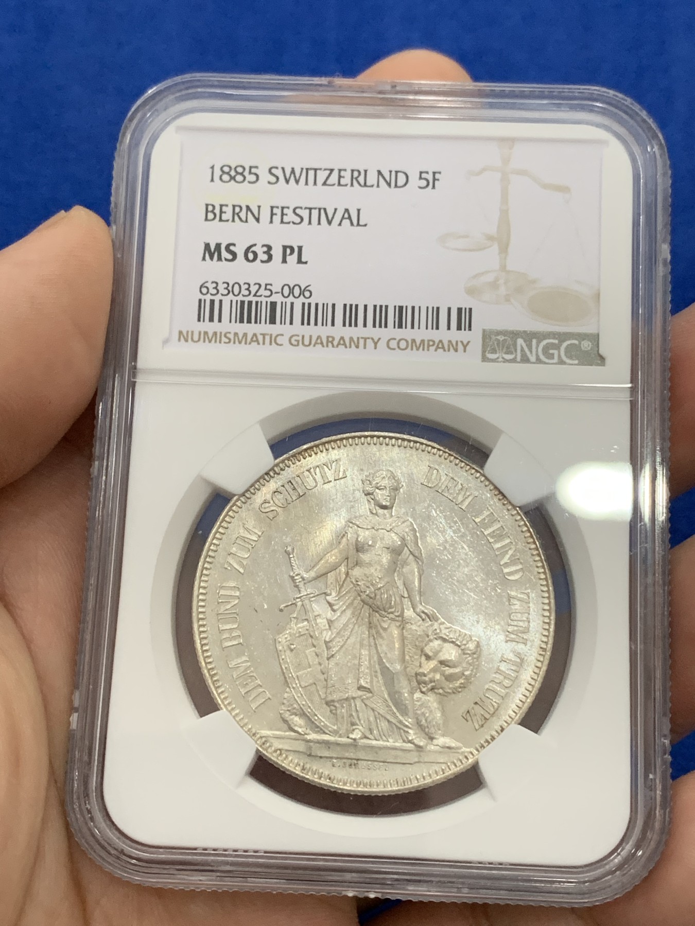 《竞宝斋》第195场-周日，周一 2场 (全场包邮) NGC-MS63PL 瑞士伯尔尼 1885年 射击节 5法郎 银币 经典美女与野兽设计 射击节PL少见 镜面感无敌