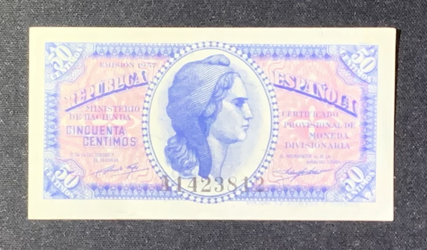 紫瑗钱币——第302期拍卖—纸币场 西班牙 1937年 第二共和国 财政部 50分 UNC-