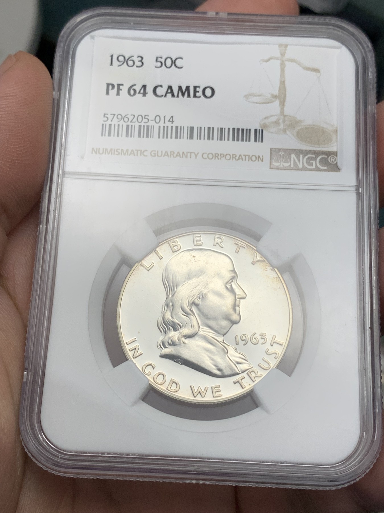 《竞宝斋》第195场-周日，周一 2场 (全场包邮) NGC-PF64 CAMEO 美国 1963年 精制富兰克林 50美分/半美元银币 少见