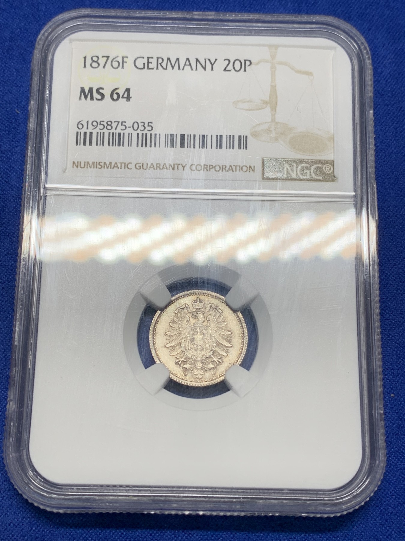 《竞宝斋》第195场-周日，周一 2场 (全场包邮) NGC-MS64 德国 1876年 F版 短翅 20芬尼 银币 转光十足 黑彩