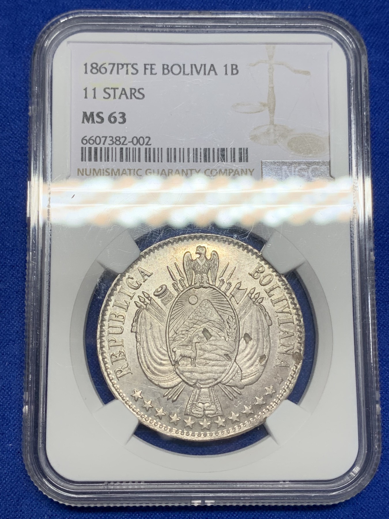 《竞宝斋》第195场-周日，周一 2场 (全场包邮) NGC-MS63 玻利维亚 1867年 1B 大银币 中南美潜力品种 设计漂亮