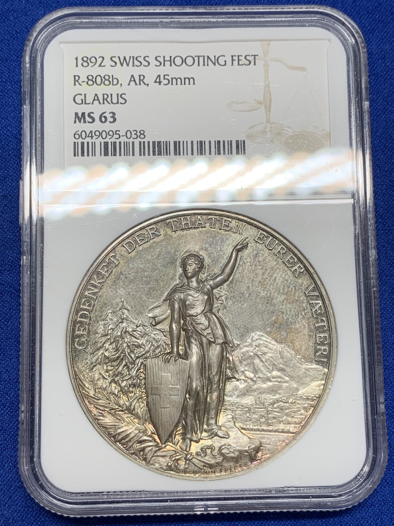 《竞宝斋》第195场-周日，周一 2场 (全场包邮) NGC-MS63 1892 瑞士 格拉鲁斯 大规格 深浮雕射击节 银章PL 五彩底板