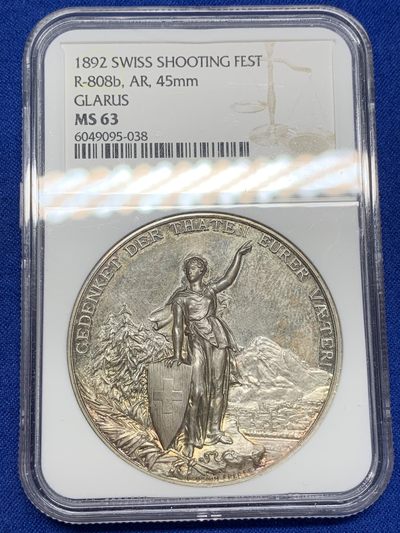 《竞宝斋》第195场-周日，周一 2场 (全场包邮) - NGC-MS63 1892 瑞士 格拉鲁斯 大规格 深浮雕射击节 银章PL 五彩底板