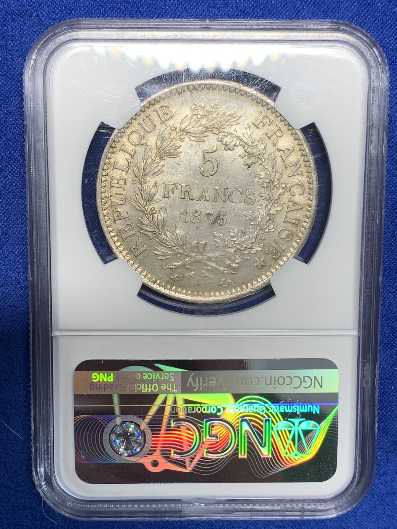 《竞宝斋》第195场-周日，周一 2场 (全场包邮) NGC-MS63 法国1873年大力神5法郎银币