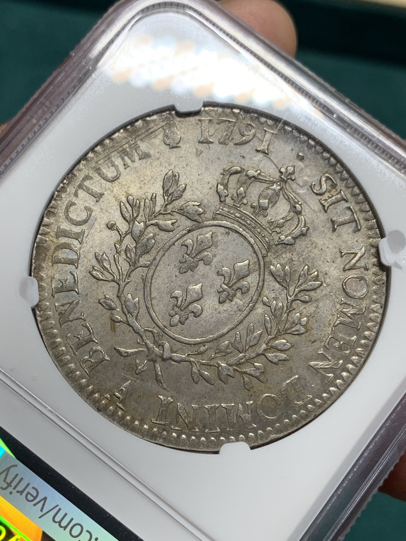 《竞宝斋》第195场-周日，周一 2场 (全场包邮) NGC-AUD 法国 1791年巴黎厂 路易十六1埃居银币 少见年份，严重低评，UNC品相，底板转光，背面纹章面尤其出色，也是该版别的最后一年，具有历史意义