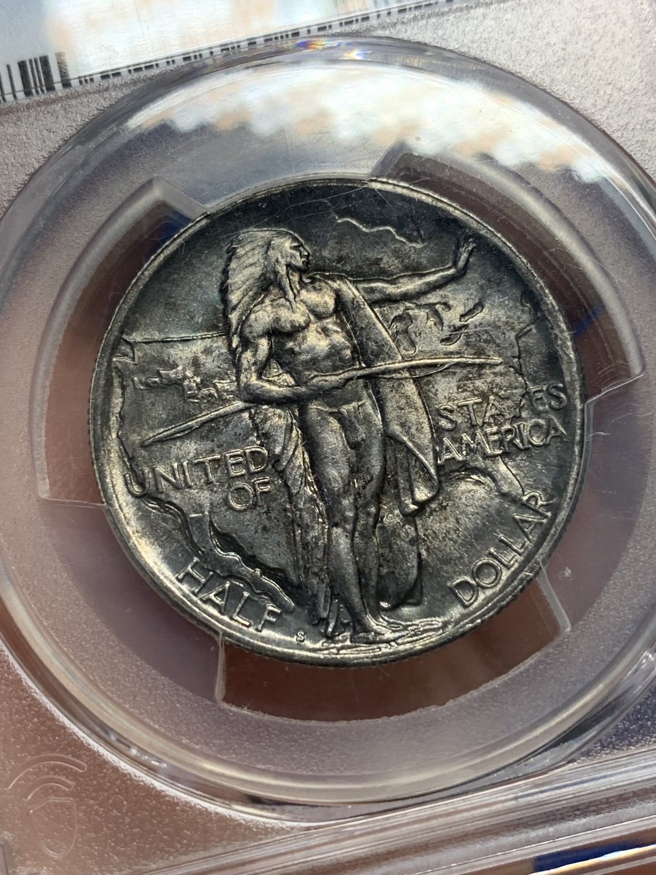 《竞宝斋》第195场-周日，周一 2场 (全场包邮) PCGS-MS64 美国 1926年 半美元银币 俄勒冈小道 土著人+大篷车经典设计 少见双面黑包浆