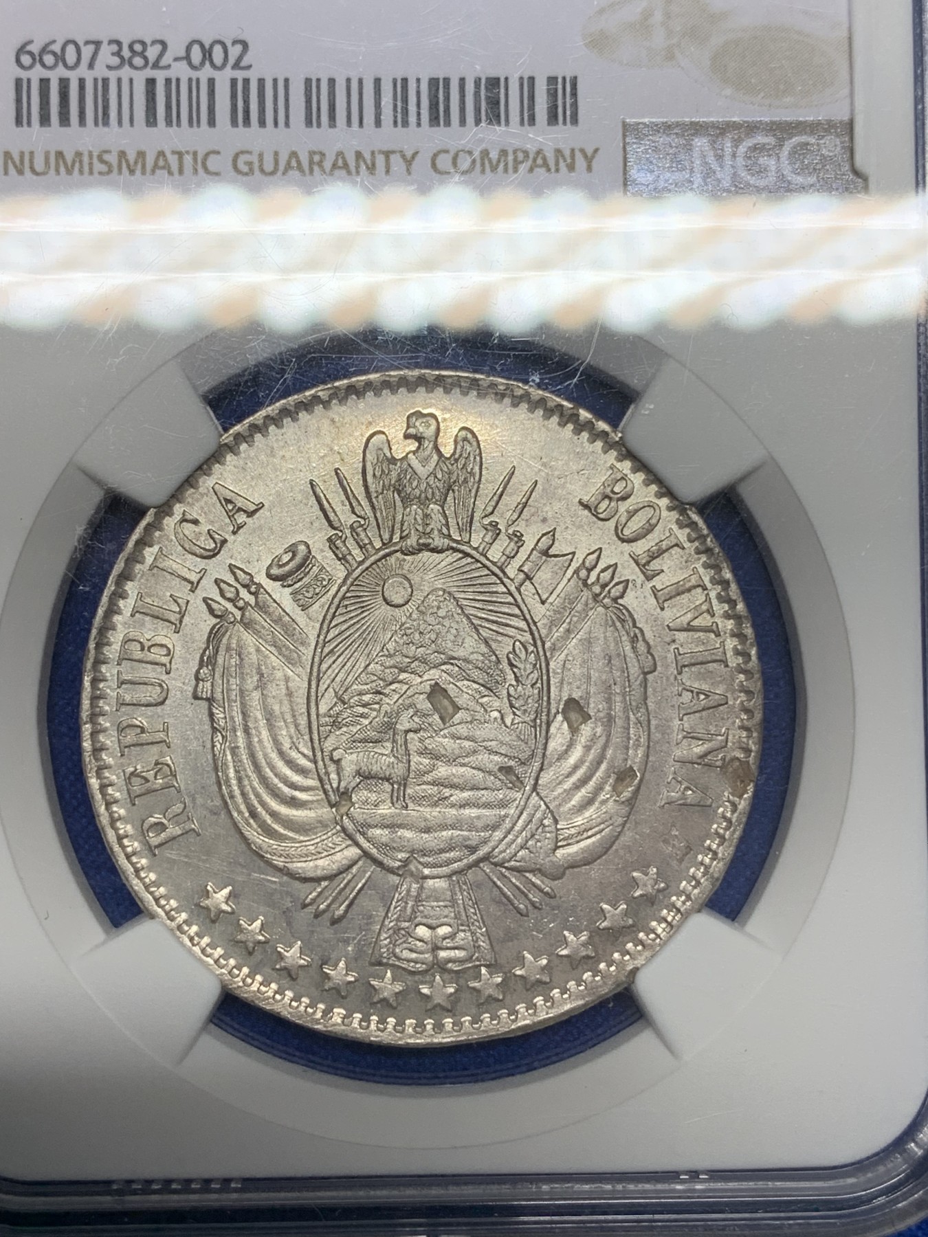 《竞宝斋》第195场-周日，周一 2场 (全场包邮) NGC-MS63 玻利维亚 1867年 1B 大银币 中南美潜力品种 设计漂亮