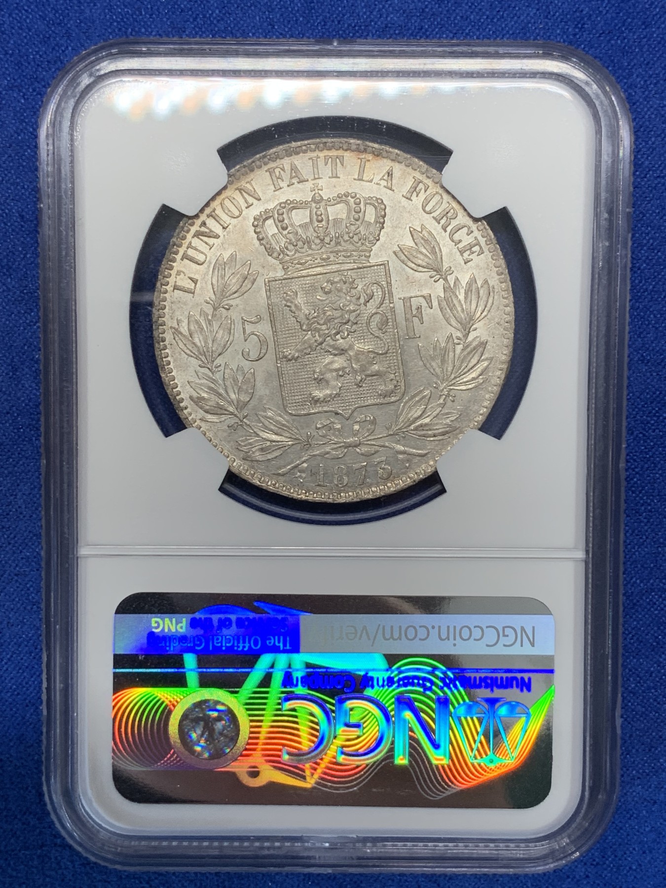 《竞宝斋》第195场-周日，周一 2场 (全场包邮) NGC-MS62 比利时1873年利奥波德二世5法郎大银币 带有粉光 状态难得 好品已有上涨 值得入手