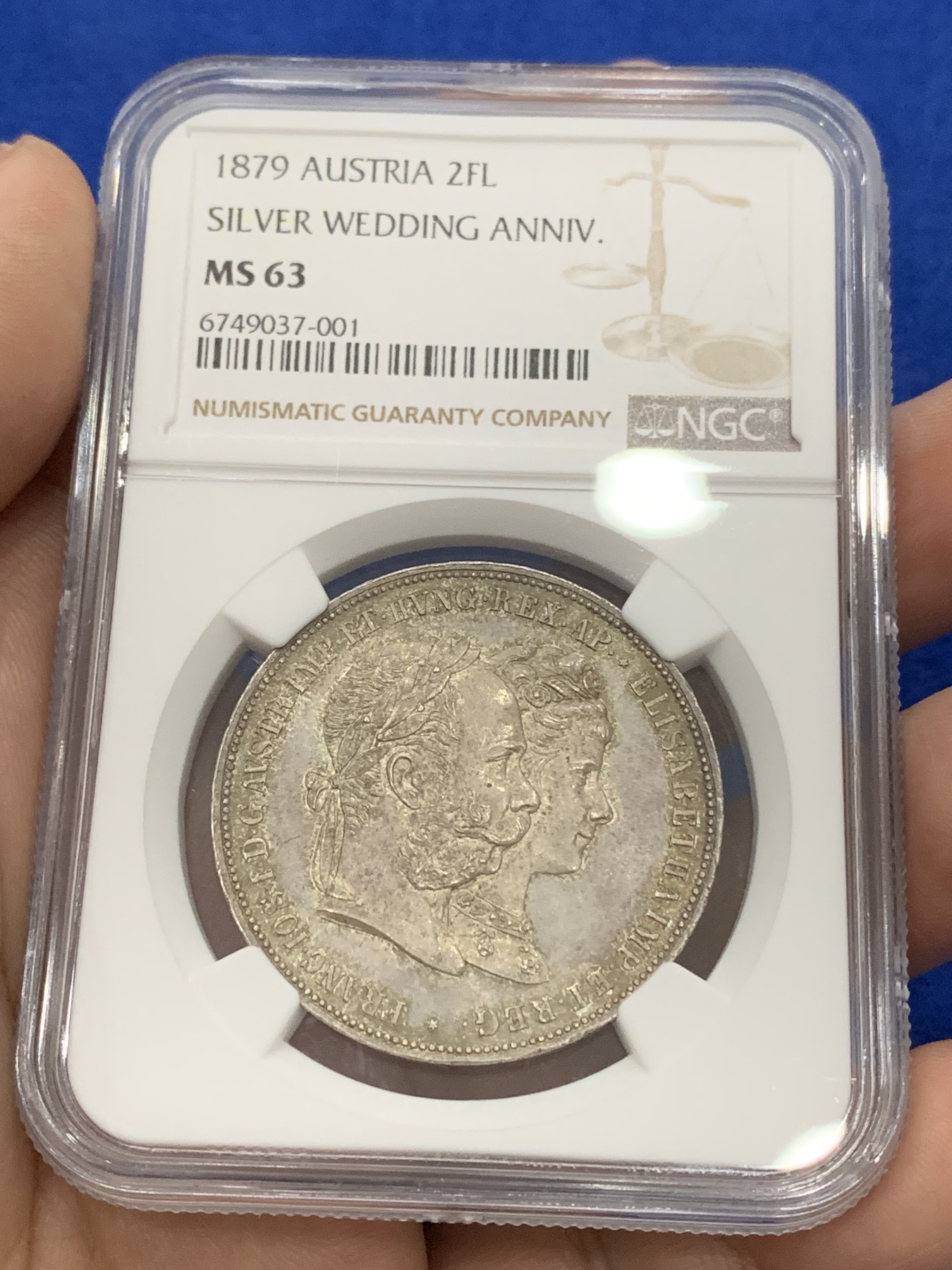 《竞宝斋》第195场-周日，周一 2场 (全场包邮) NGC-MS63 奥匈帝国1879年茜茜公主银婚纪念2盾（2盾=泰勒）银币 五彩原光