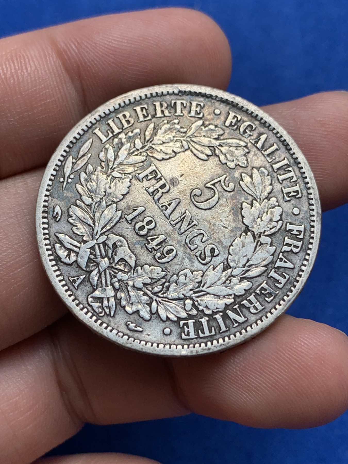 《竞宝斋》第195场-周日，周一 2场 (全场包邮) 1849年法国谷物女神5法郎银币，原味老包浆 细节见图