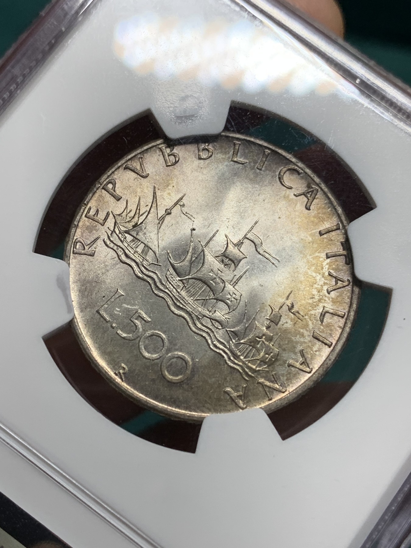 《竞宝斋》第195场-周日，周一 2场 (全场包邮) NGC-MS65 意大利1970年帆船少女500里拉银币