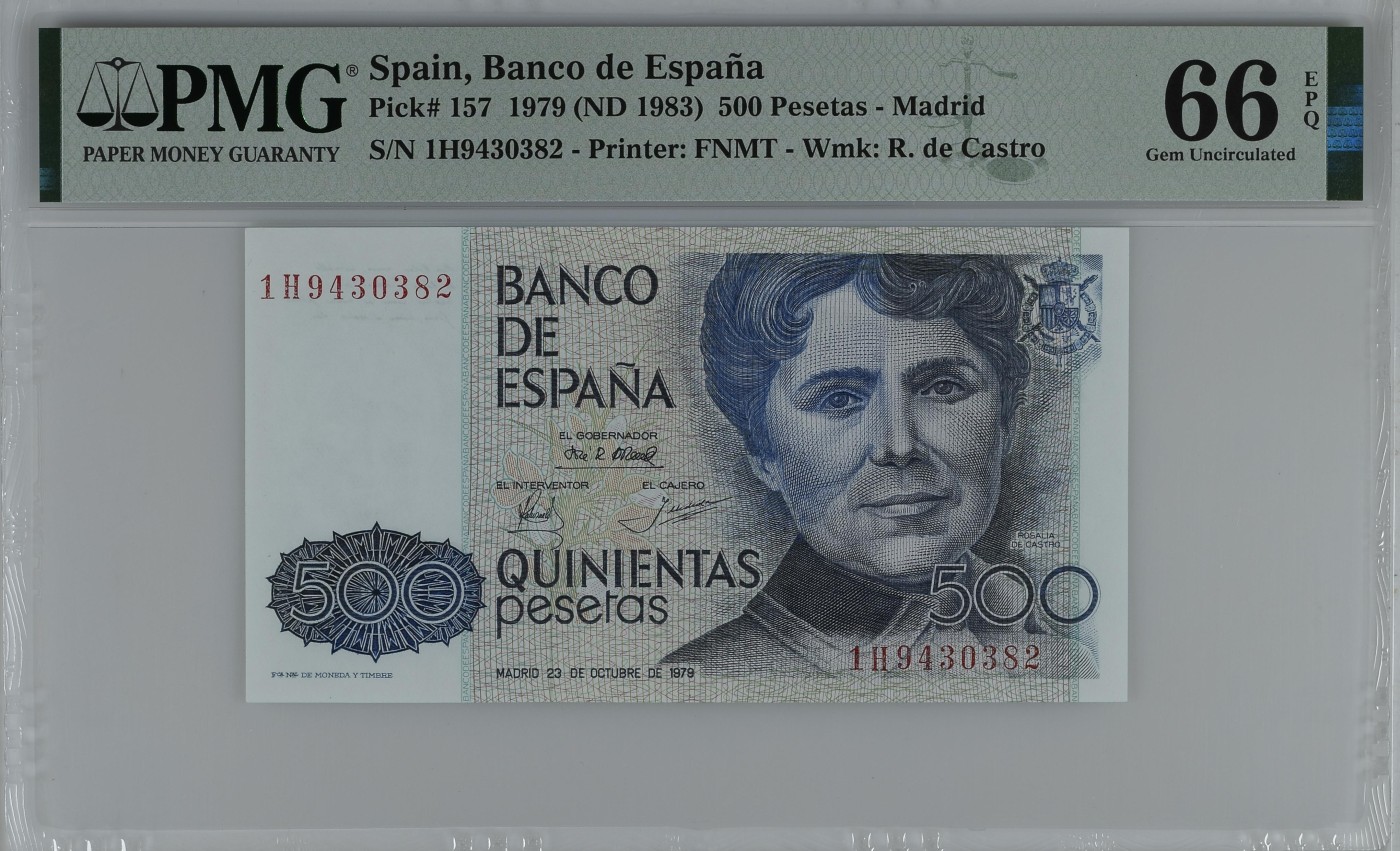 紫瑗钱币——第302期拍卖—纸币场 【PMG 66 EPQ】西班牙 1979(1983)年 罗莎莉亚·德·卡斯特罗 500比塞塔 (P-157)