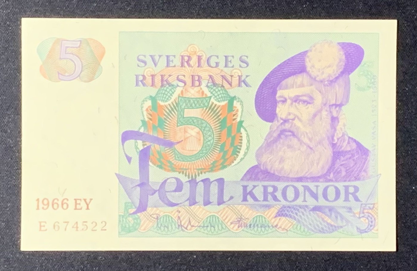紫瑗钱币——第302期拍卖—纸币场 【双尾2】瑞典 1966年 瑞典银行 古斯塔夫一世 5克朗 深字 UNC