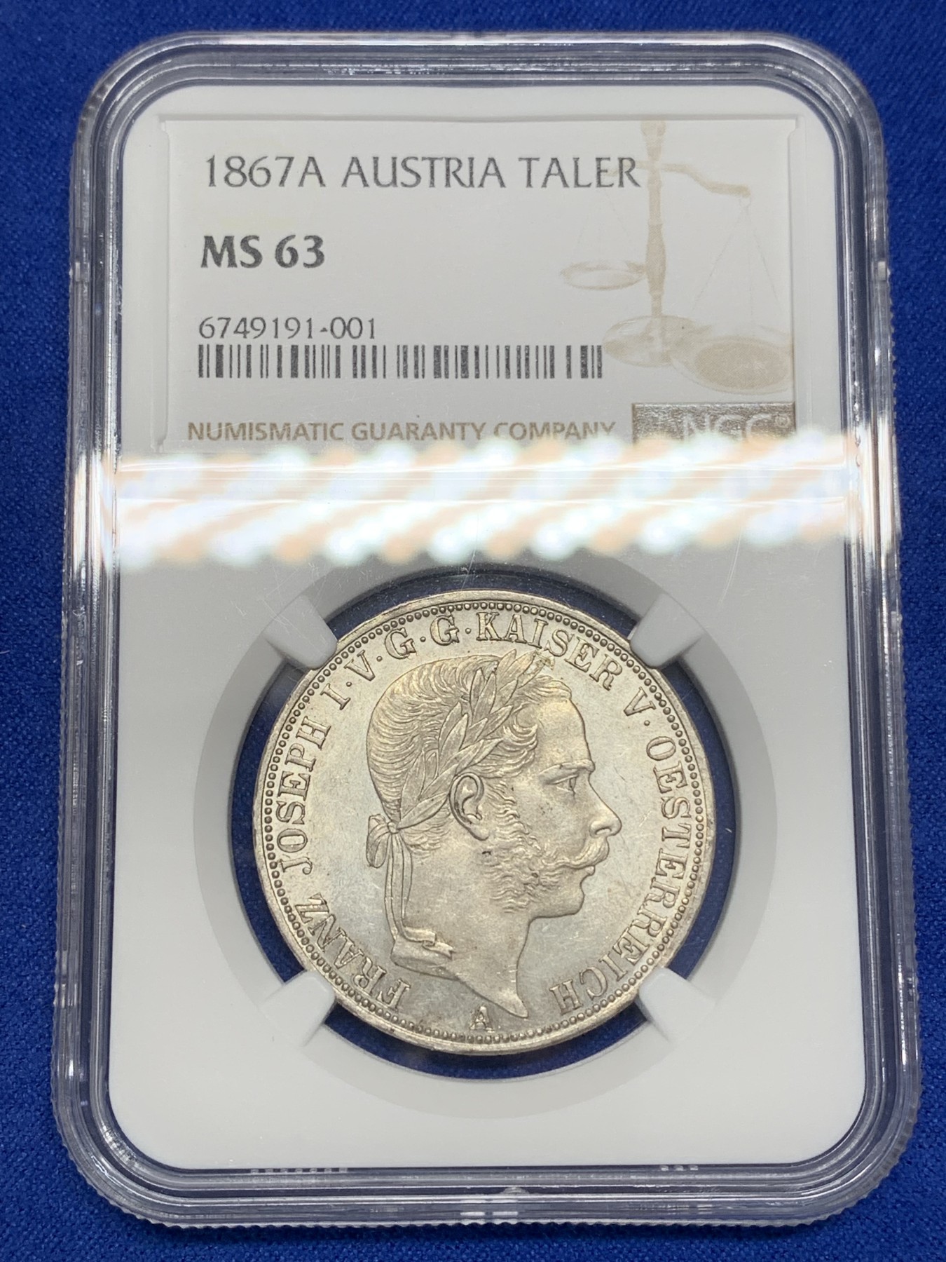 《竞宝斋》第195场-周日，周一 2场 (全场包邮) NGC-MS63 奥匈帝国 1867年弗朗茨约瑟夫一世1泰勒银币 少见品种 原光