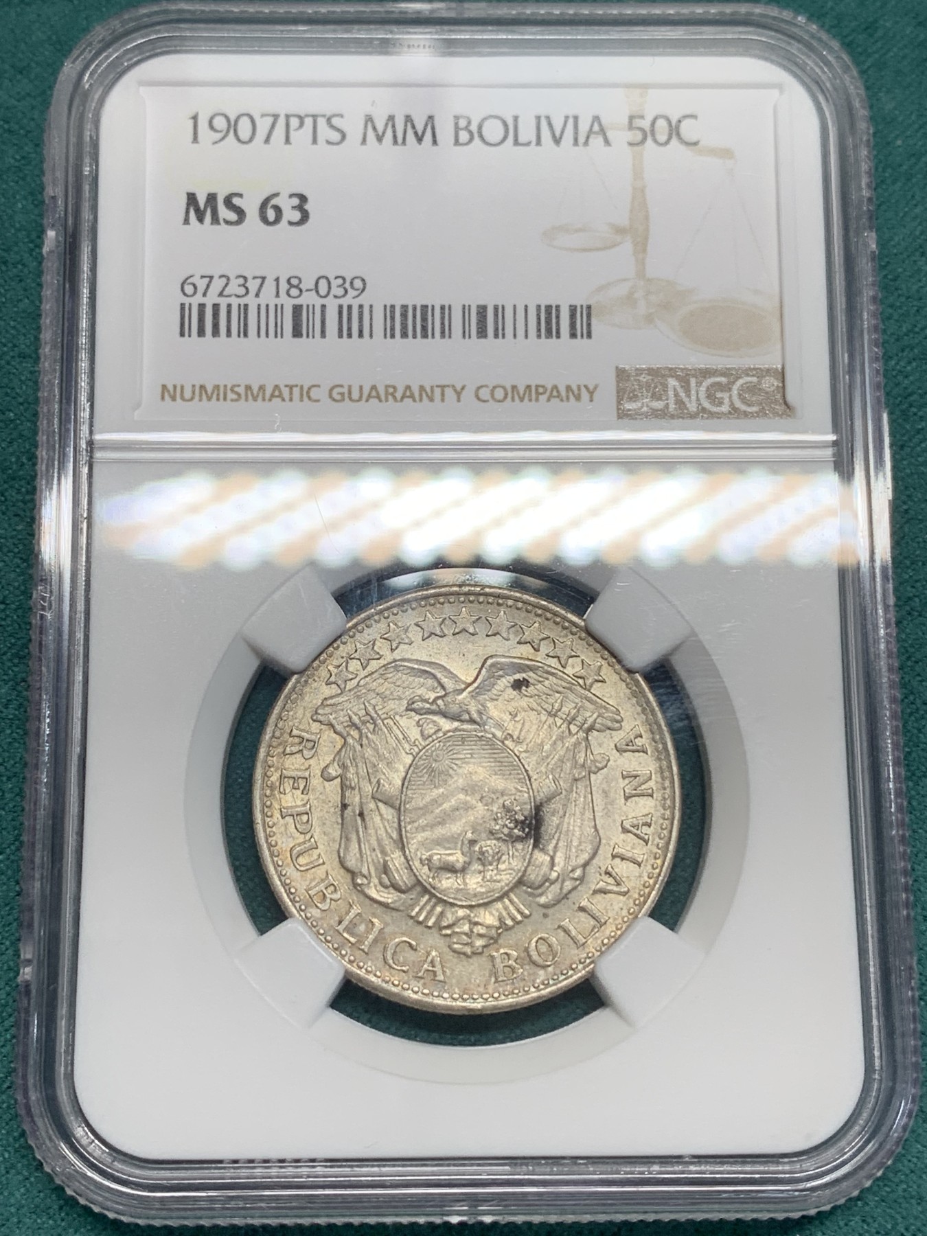 《竞宝斋》第195场-周日，周一 2场 (全场包邮) NGC MS63 玻利维亚1907 PTS  MM 50分半元型银币 少见品种