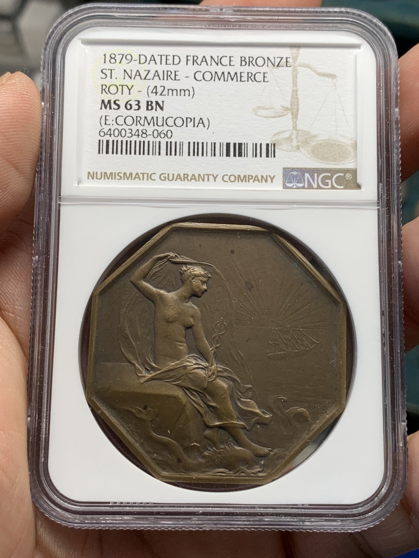 《竞宝斋》第195场-周日，周一 2场 (全场包邮) NGC MS63 罗蒂作品  法国 1879年 圣纳泽尔 商会八角铜章代用币 稀少品种 42mm巨大规格