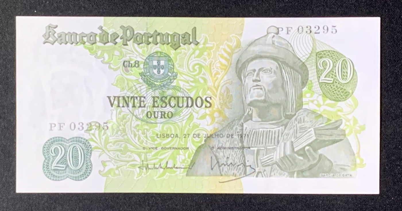 紫瑗钱币——第302期拍卖—纸币场 葡萄牙 1971年 加西亚·德·奥尔塔 20埃斯库多 UNC