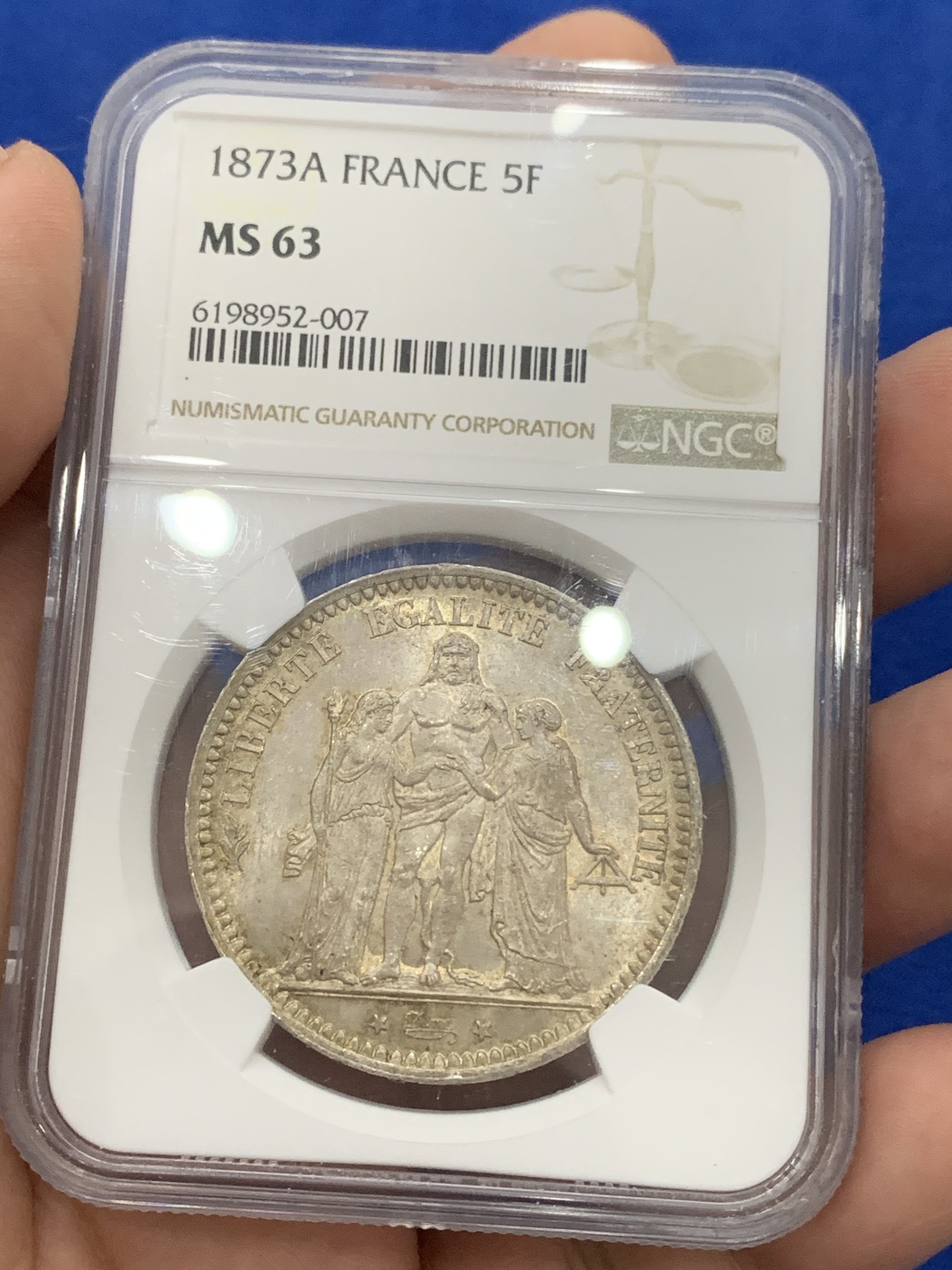 《竞宝斋》第195场-周日，周一 2场 (全场包邮) NGC-MS63 法国1873年大力神5法郎银币