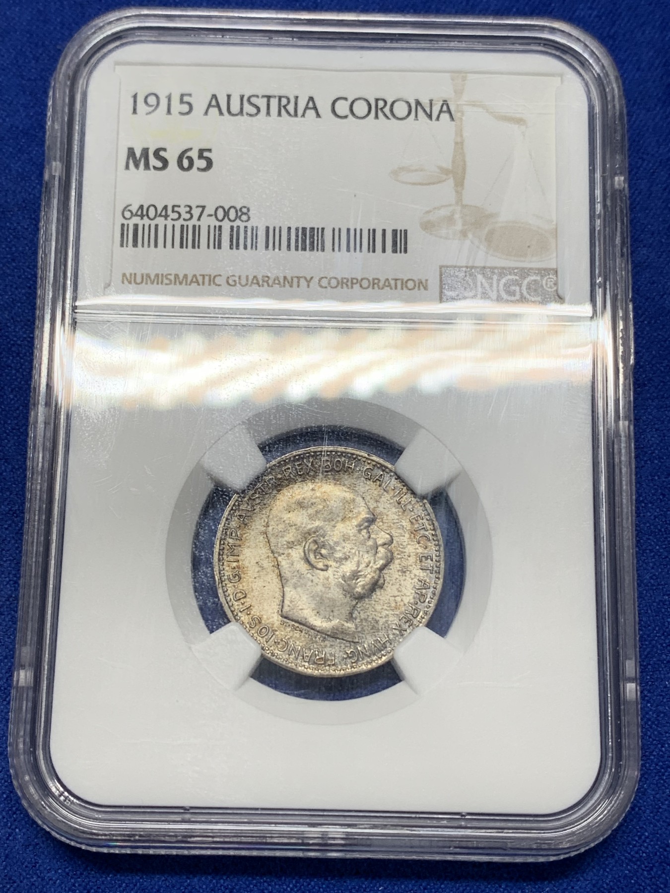 《竞宝斋》第195场-周日，周一 2场 (全场包邮) NGC-MS65 奥地利 1915年 1克朗 科罗娜 银币 黄油彩 少见高分