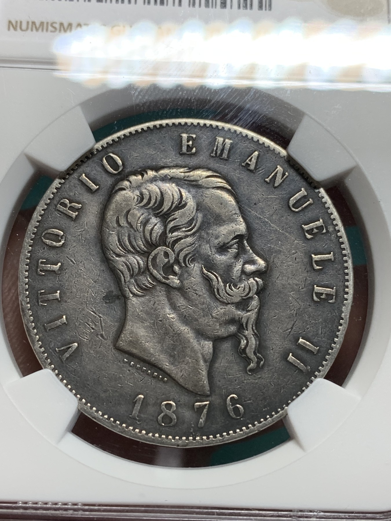 《竞宝斋》第195场-周日，周一 2场 (全场包邮) NGC VFD 意大利1876年曼纽尔二世5里拉银币