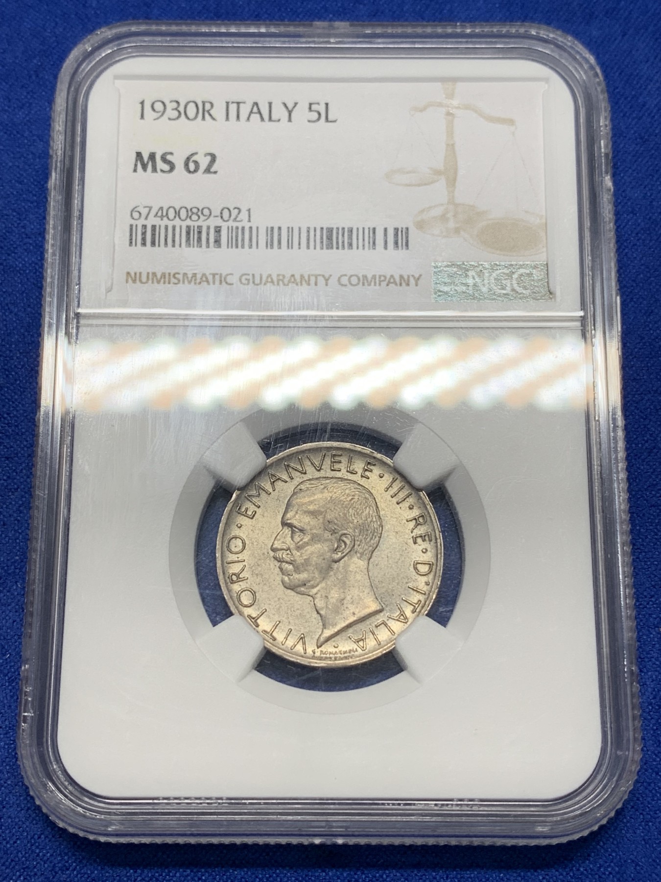 《竞宝斋》第195场-周日，周一 2场 (全场包邮) NGC-MS62 意大利 1930年 鹰 5里拉 银币 淡黄彩