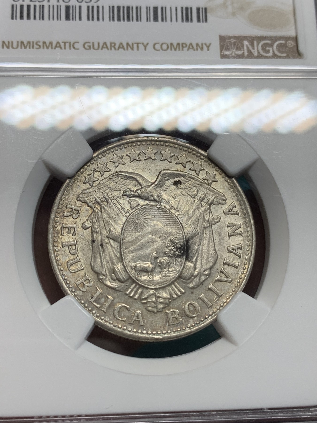 《竞宝斋》第195场-周日，周一 2场 (全场包邮) NGC MS63 玻利维亚1907 PTS  MM 50分半元型银币 少见品种