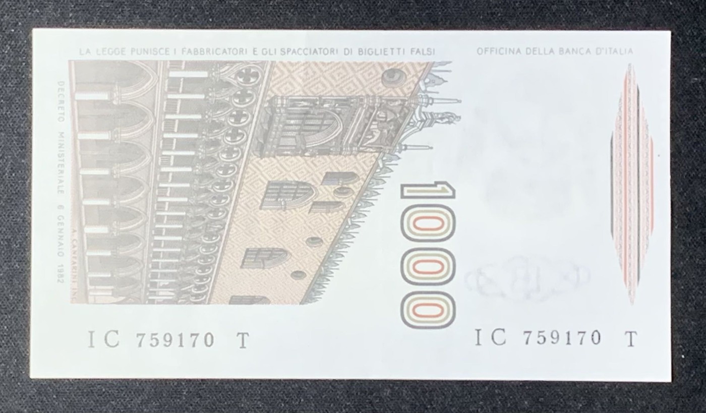紫瑗钱币——第302期拍卖—纸币场 意大利 1982年 达·芬奇 1000里拉 UNC-