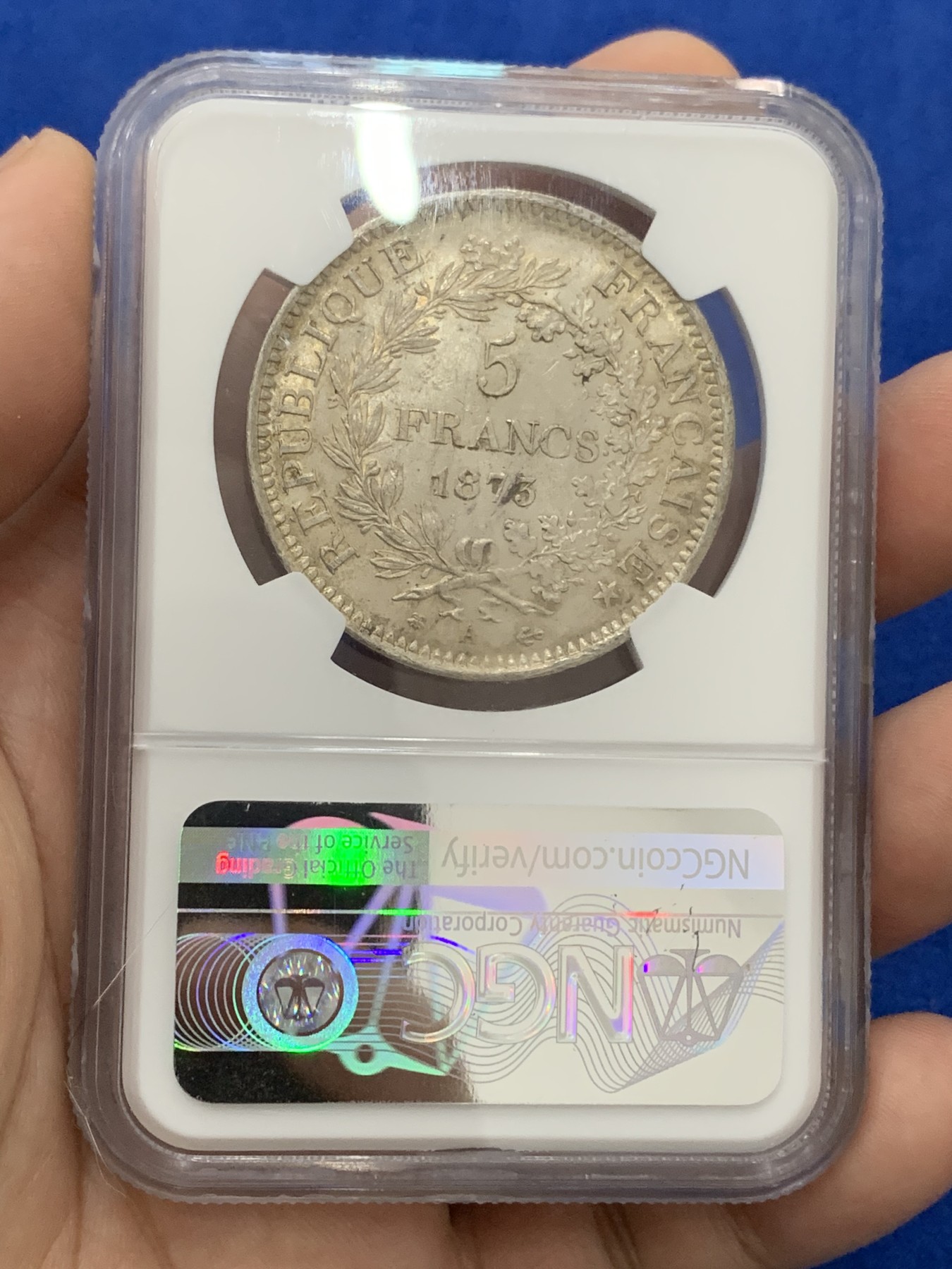 《竞宝斋》第195场-周日，周一 2场 (全场包邮) NGC-MS63 法国1873年大力神5法郎银币