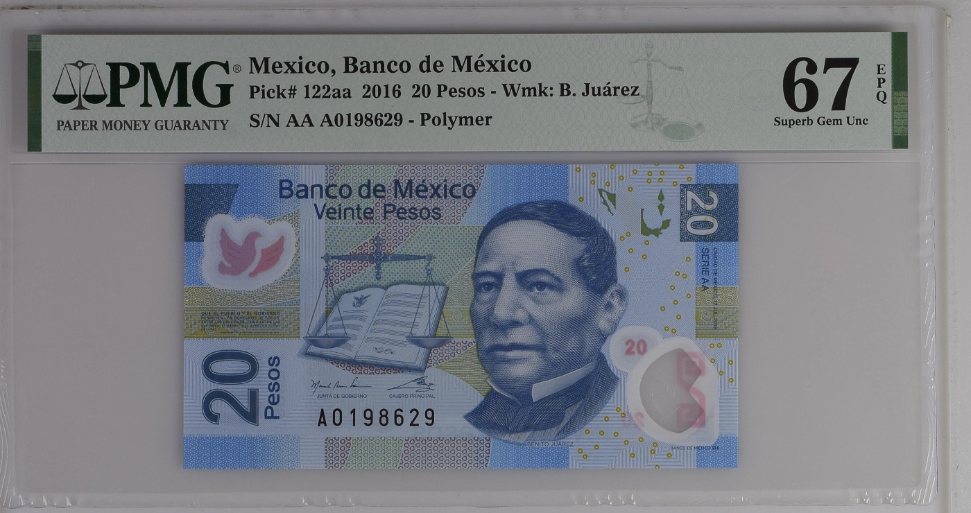 紫瑗钱币——第302期拍卖—纸币场 【首发A冠 PMG 67EPQ】墨西哥 2016年 墨西哥银行 20比索 （P-122aa）