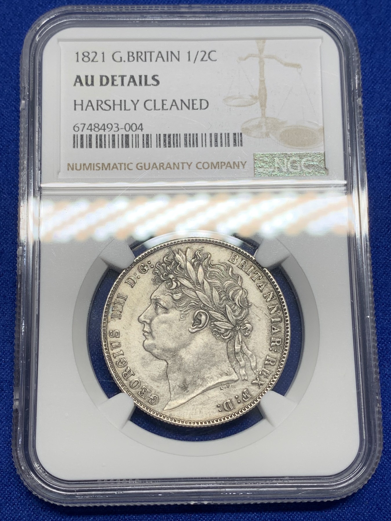 《竞宝斋》第195场-周日，周一 2场 (全场包邮) NGC-AUD 英国乔四三花半克朗 深打细节佳 英系上涨名品 最美半克朗 MS63以上好品已近万