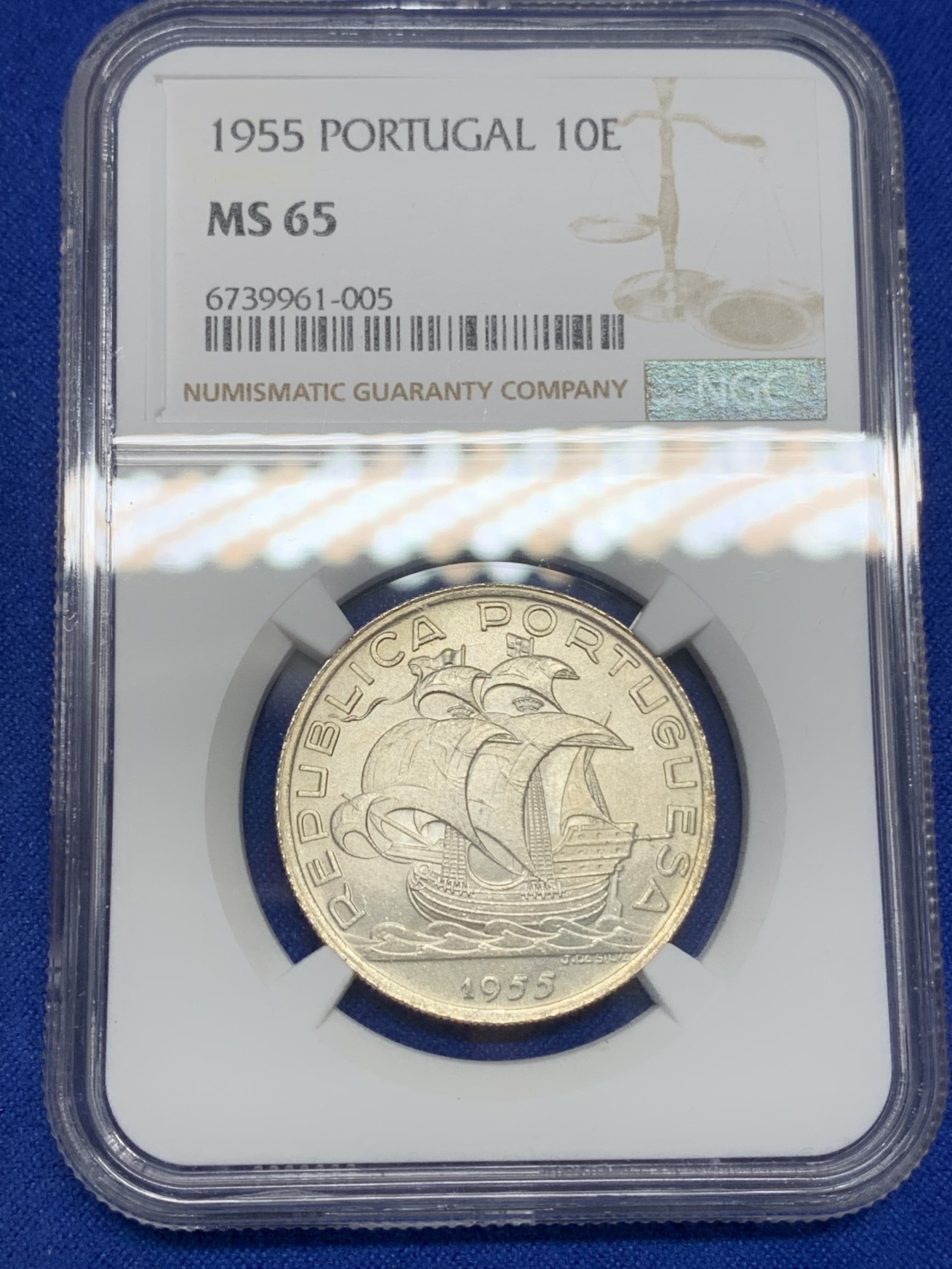 《竞宝斋》第195场-周日，周一 2场 (全场包邮) NGC-MS65 葡萄牙1955年大帆船10埃斯库多银币