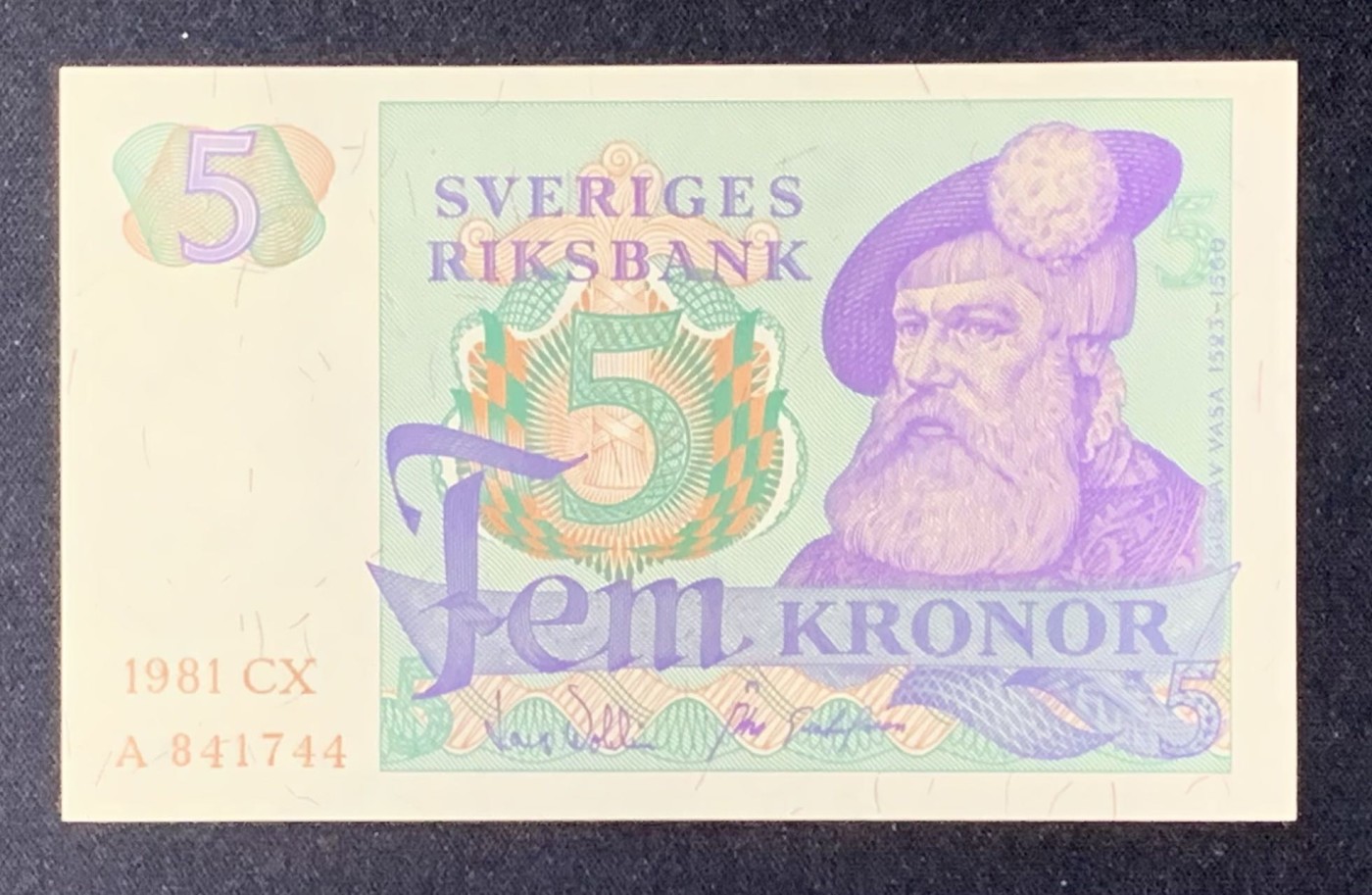 紫瑗钱币——第302期拍卖—纸币场 【双尾4】瑞典 1981年 瑞典银行 古斯塔夫一世 5克朗 浅字 UNC