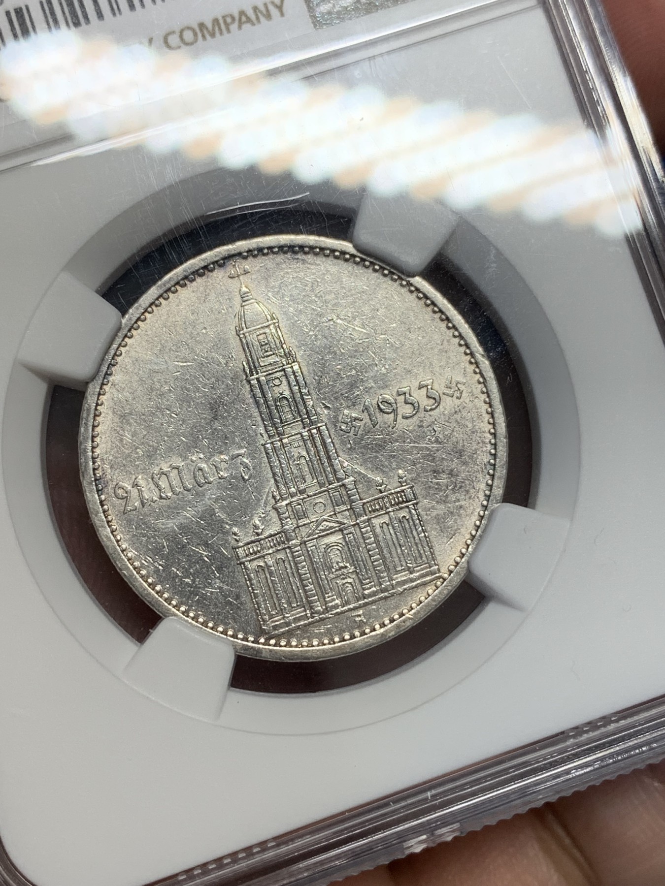 《竞宝斋》第195场-周日，周一 2场 (全场包邮) NGC-AUD 德国1934A 教堂加字版5马克 德三名品 带弱转光