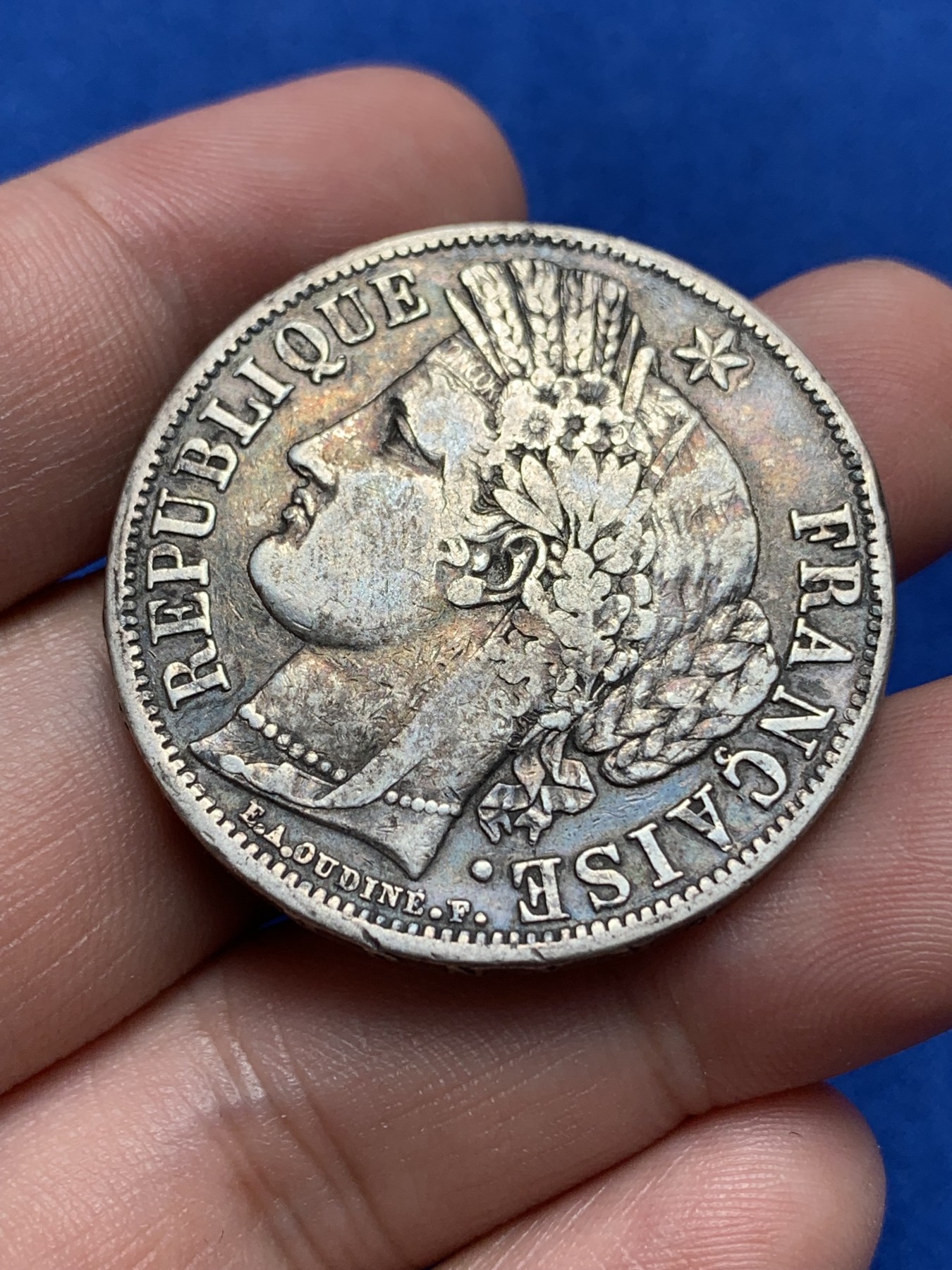 《竞宝斋》第195场-周日，周一 2场 (全场包邮) 1849年法国谷物女神5法郎银币，原味老包浆 细节见图