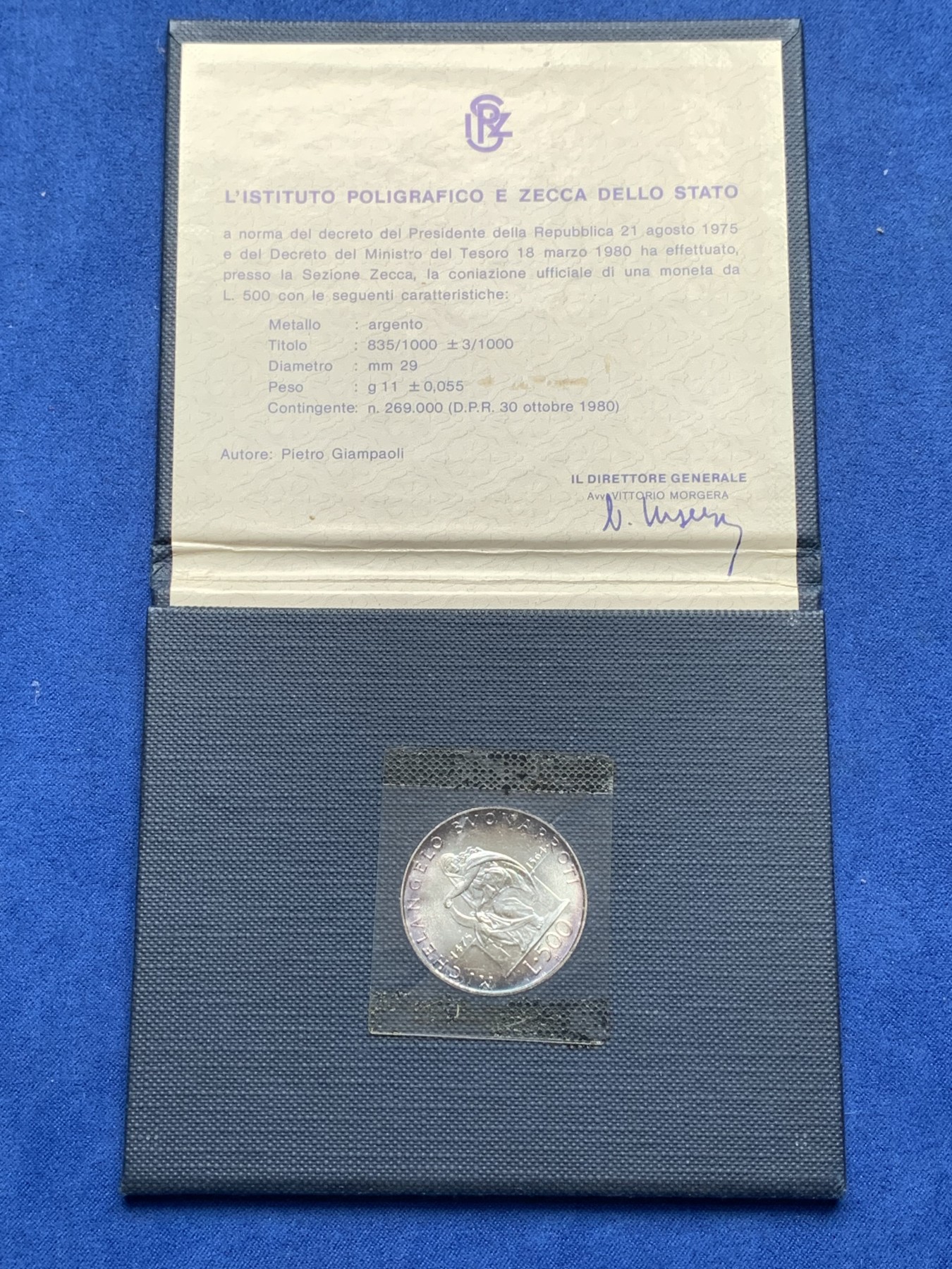 《竞宝斋》第195场-周日，周一 2场 (全场包邮) 卡装 意大利 1975年 米开朗基罗纪念 500里拉银币