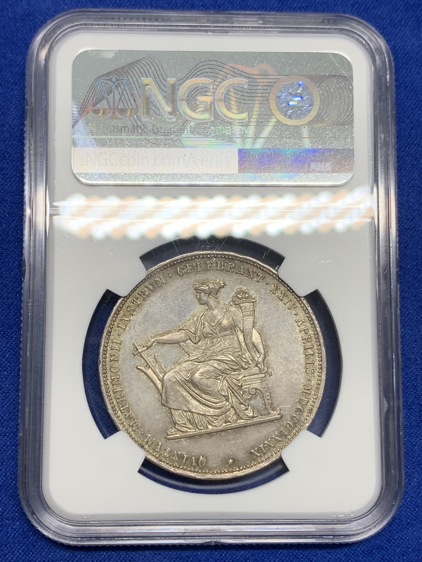 《竞宝斋》第195场-周日，周一 2场 (全场包邮) NGC-MS63 奥匈帝国1879年茜茜公主银婚纪念2盾（2盾=泰勒）银币 五彩原光