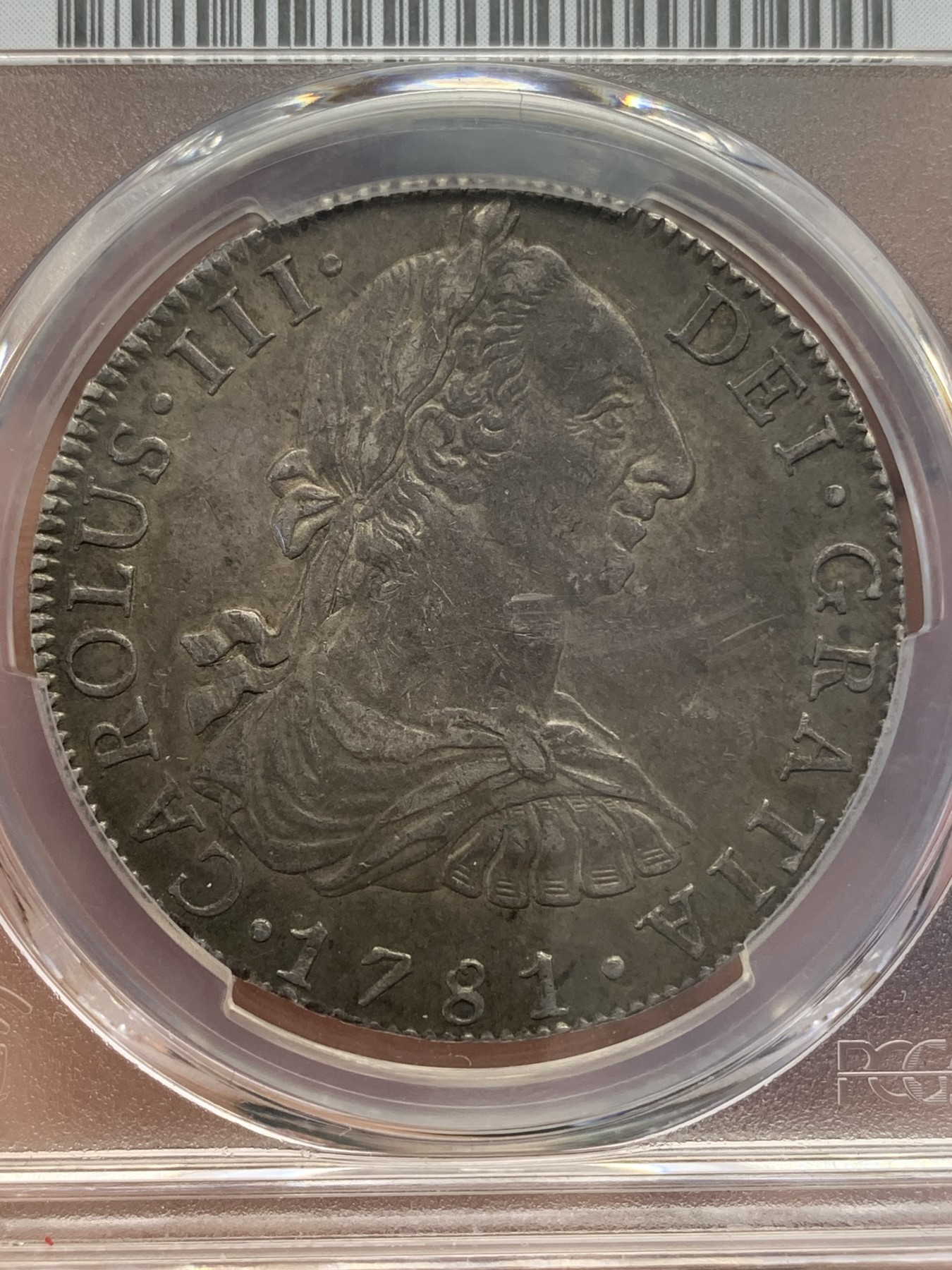 《竞宝斋》第195场-周日，周一 2场 (全场包邮) PCGS-AU 55 西属墨西哥 卡三人像双柱 8瑞尔 1781-MO FF 双面深打 酱黑彩包浆