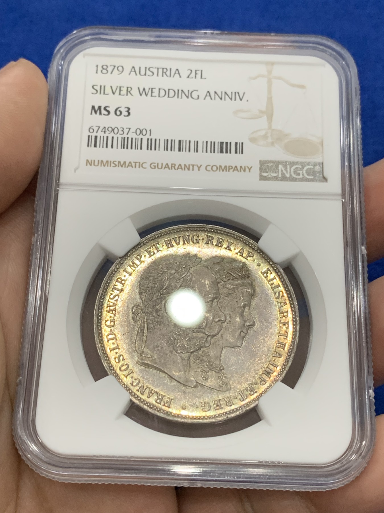 《竞宝斋》第195场-周日，周一 2场 (全场包邮) NGC-MS63 奥匈帝国1879年茜茜公主银婚纪念2盾（2盾=泰勒）银币 五彩原光