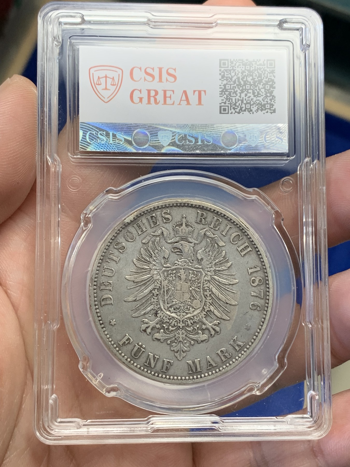 《竞宝斋》第195场-周日，周一 2场 (全场包邮) CSIS XF45 德国1876年普鲁士威廉一世5马克短翅鹰银币