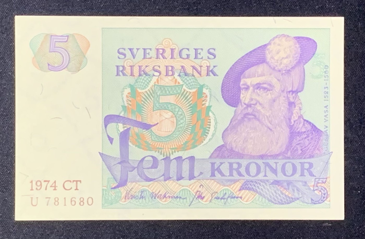 紫瑗钱币——第302期拍卖—纸币场 瑞典 1974年 瑞典银行 古斯塔夫一世 5克朗 深字 UNC