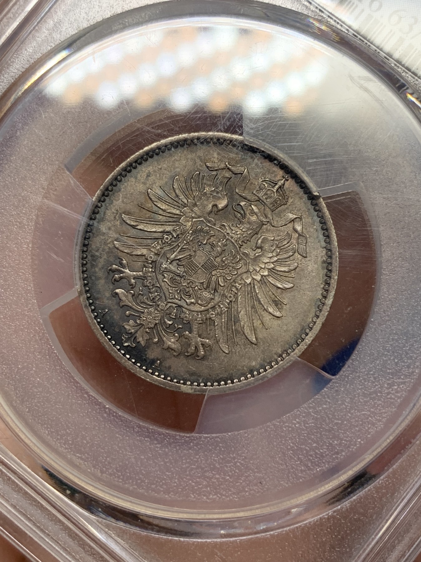《竞宝斋》第195场-周日，周一 2场 (全场包邮) PCGS-MS63 德国1881年短翅鹰1马克银币，早期短翅帝国马克，原味黑彩，状态极佳。