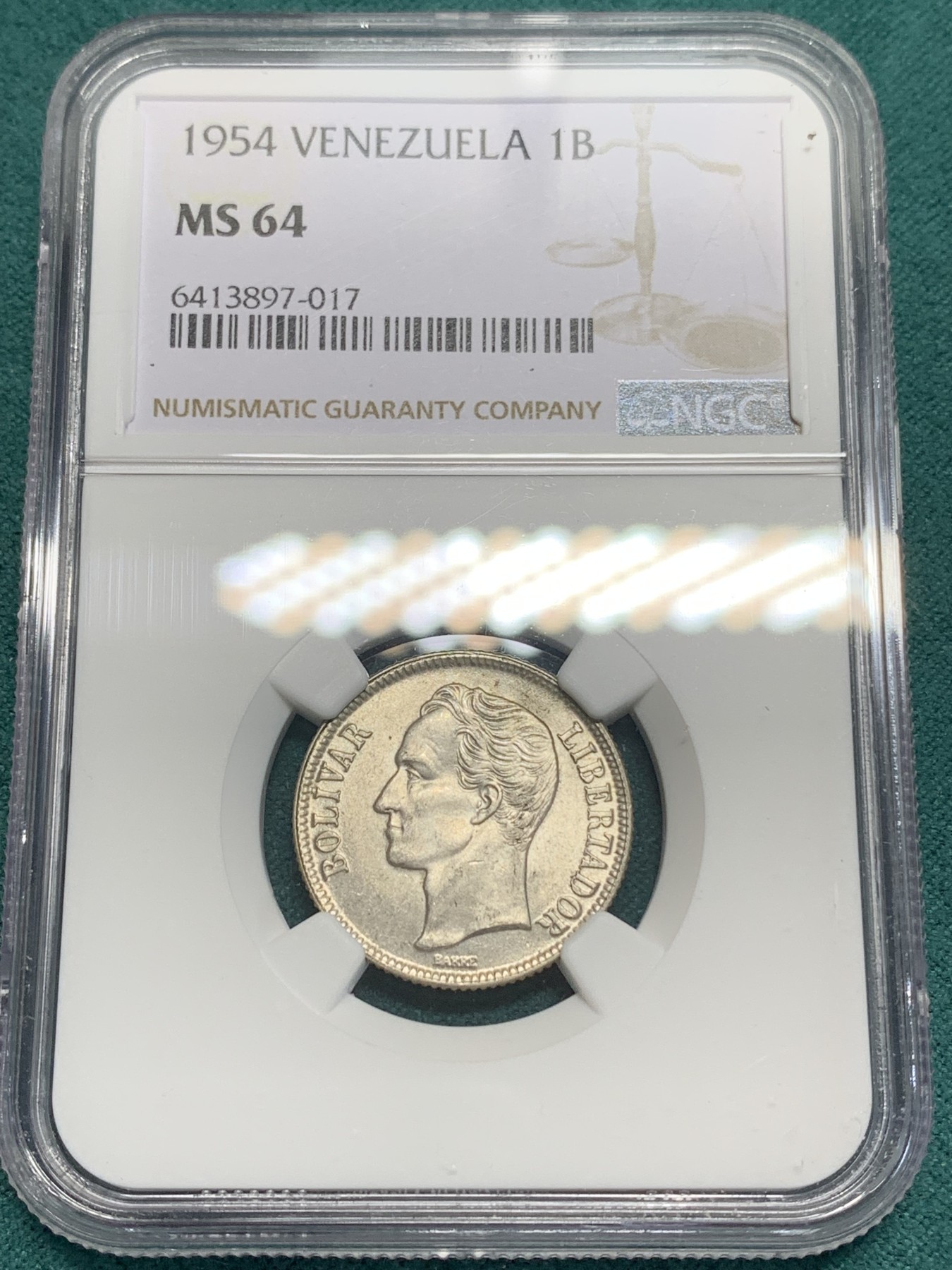 《竞宝斋》第195场-周日，周一 2场 (全场包邮) NGC-MS64 委内瑞拉1954年 1波利瓦尔银币 好品小辅币