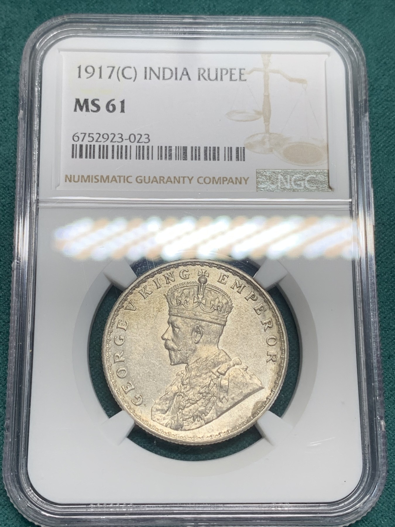 《竞宝斋》第195场-周日，周一 2场 (全场包邮) NGC MS61 印度 乔五 1917 C版 1卢比 银币