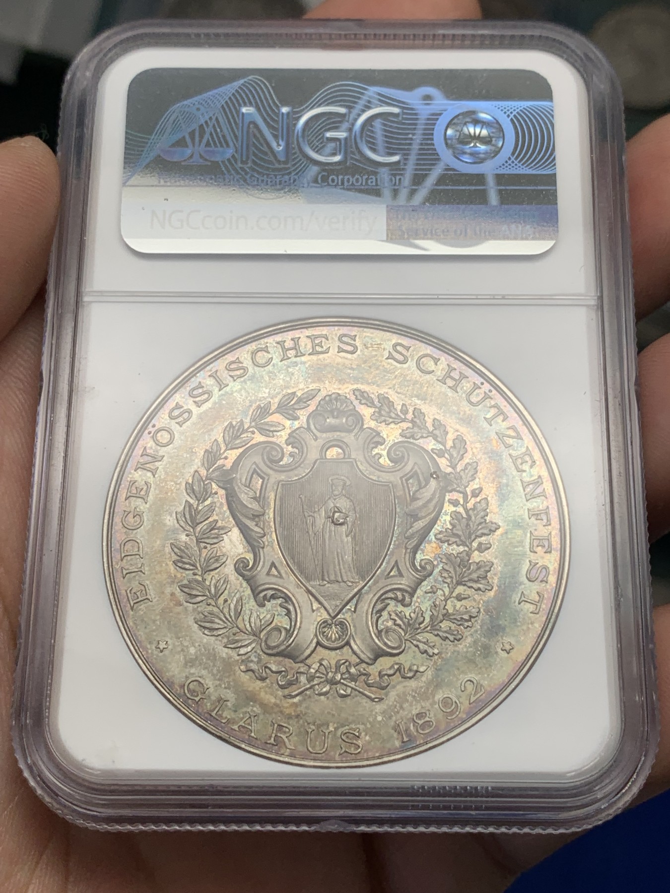 《竞宝斋》第195场-周日，周一 2场 (全场包邮) NGC-MS63 1892 瑞士 格拉鲁斯 大规格 深浮雕射击节 银章PL 五彩底板