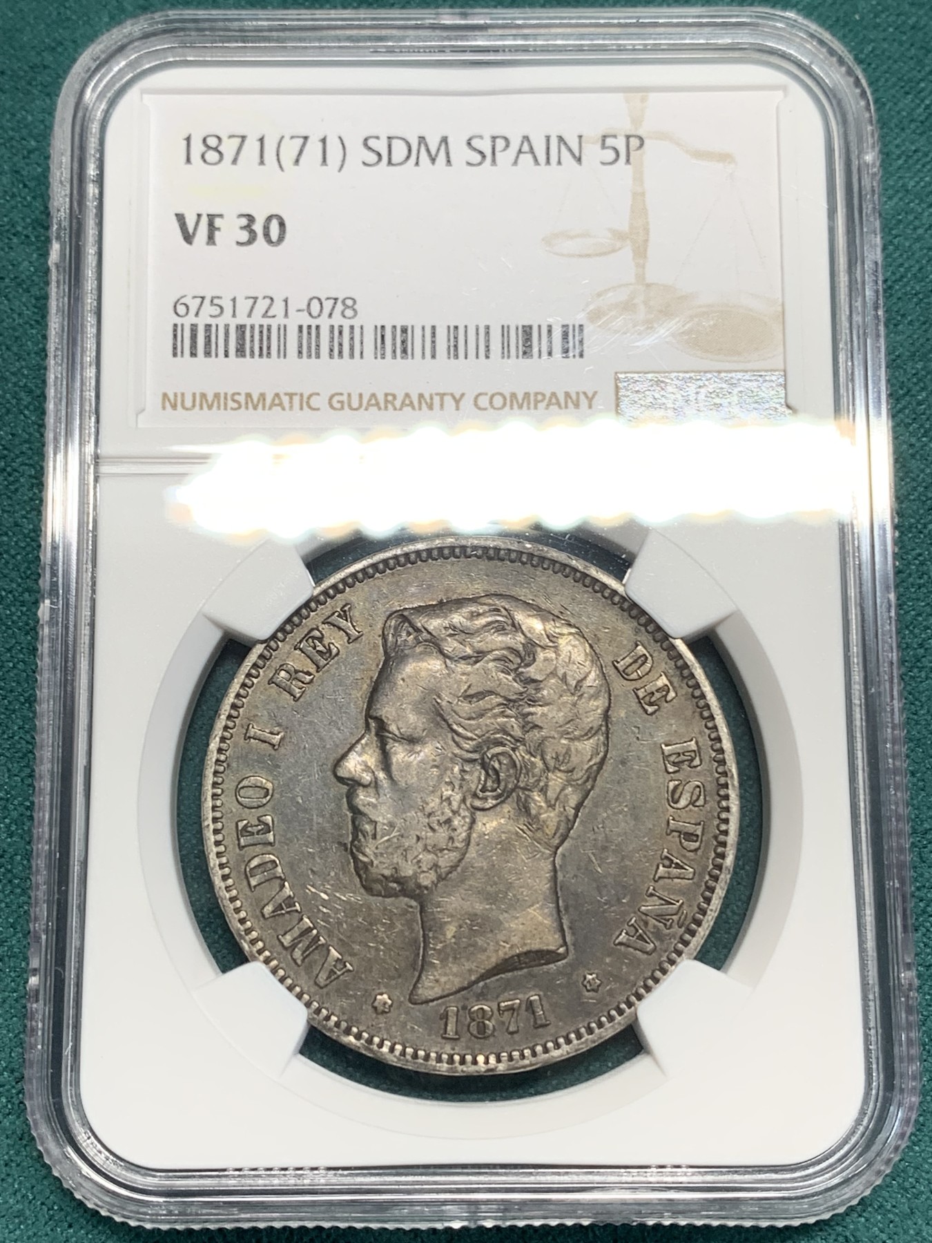 《竞宝斋》第195场-周日，周一 2场 (全场包邮) NGC VF30 1871年西班牙Amadeo一世5比塞塔银币