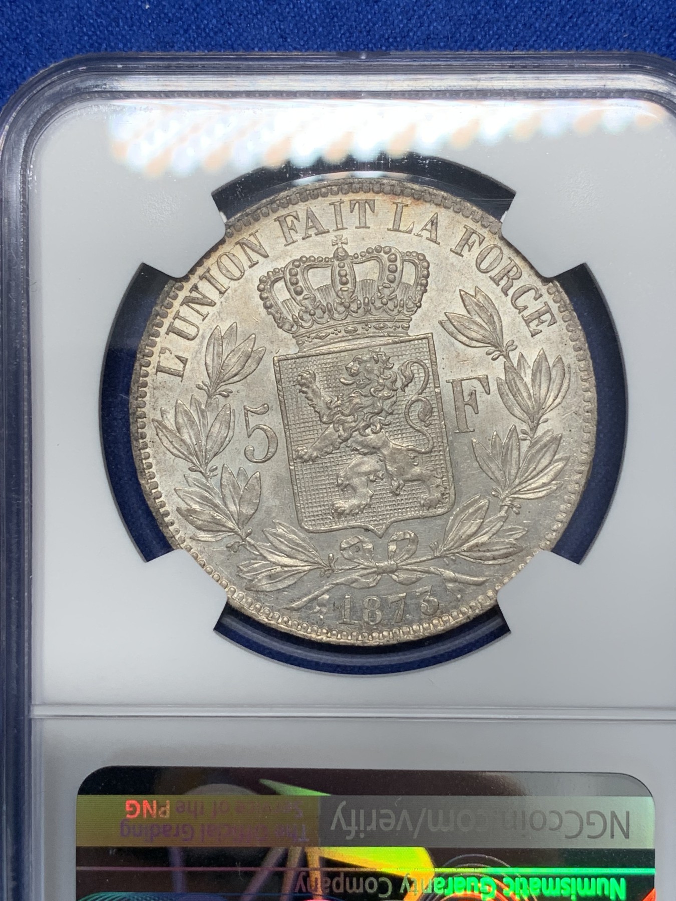 《竞宝斋》第195场-周日，周一 2场 (全场包邮) NGC-MS62 比利时1873年利奥波德二世5法郎大银币 带有粉光 状态难得 好品已有上涨 值得入手