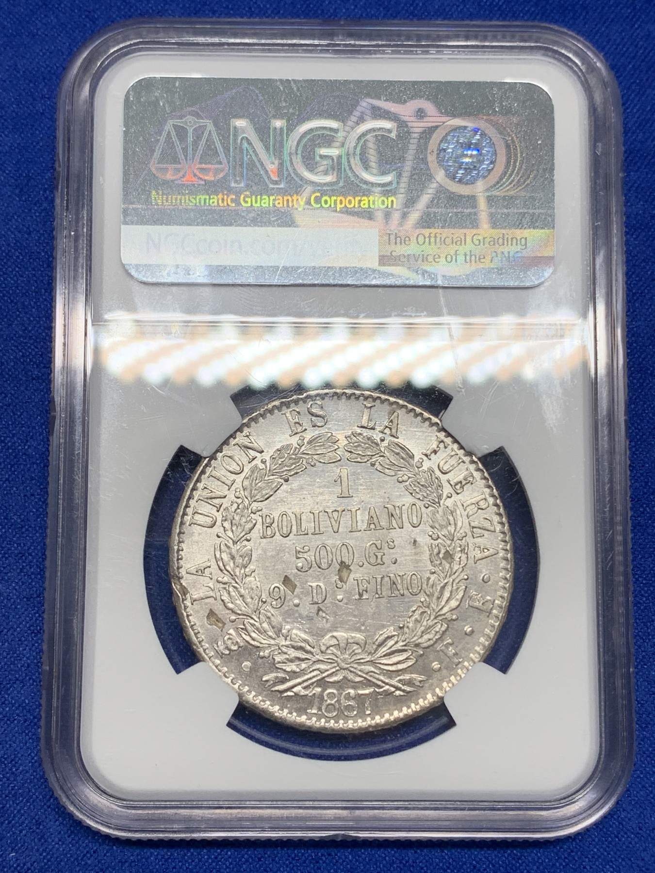 《竞宝斋》第195场-周日，周一 2场 (全场包邮) NGC-MS63 玻利维亚 1867年 1B 大银币 中南美潜力品种 设计漂亮